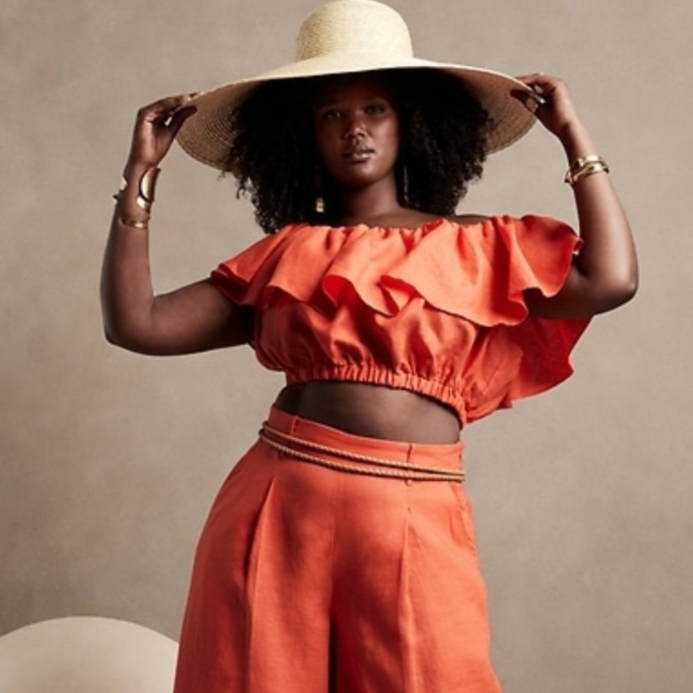 Banana Republic Red 100% Linen Ruffle Off Shoulder Crop Top M Coral